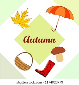 umbrella rubber boots maple leaf basket mushroom autumnal vector background