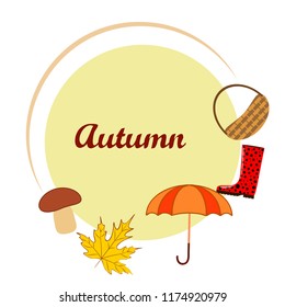 umbrella rubber boots maple leaf basket mushroom autumnal vector background