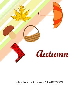 umbrella rubber boots maple leaf basket mushroom autumnal vector background