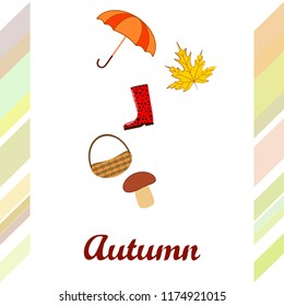 umbrella rubber boots maple leaf basket mushroom autumnal vector background