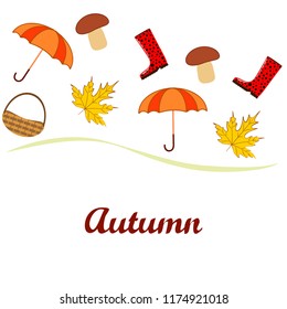 umbrella rubber boots maple leaf basket mushroom autumnal vector background