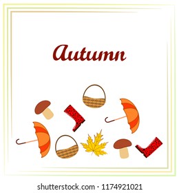 umbrella rubber boots maple leaf basket mushroom autumnal vector background