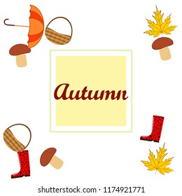 umbrella rubber boots maple leaf basket mushroom autumnal vector background