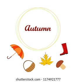 umbrella rubber boots maple leaf basket mushroom autumnal vector background