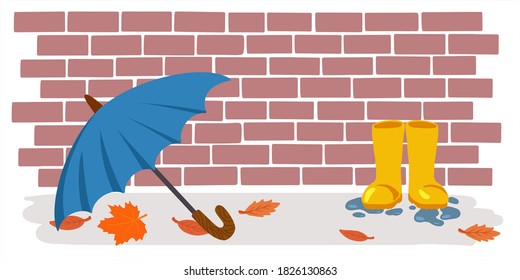 Umbrella and rubber boots on brick background. Template banner of rainy weather and autumn mood. Flat vector illustration Isolated on white background