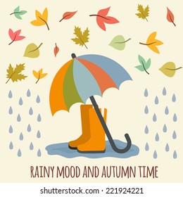 Umbrella, rubber boots, rain drops and autumn leaves. Flat style vector illustration.