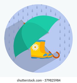 Umbrella, rubber boots, rain drops. Flat style vector illustration.