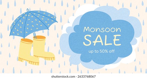 Umbrella and Rubber Boots under Rain. Monsoon Season Sale. Text in Cloud Shape with Raindrops. Colorful Flat Graphic Vector Illustration for Poster, Banner, Discount Template.