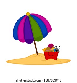 Umbrella and a sand bucket with objects