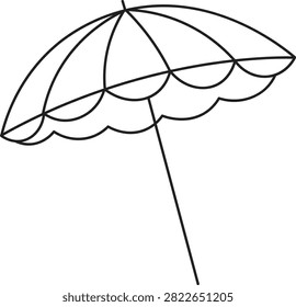 Umbrella with scalloped canopy on a tilted pole, clean contour stroke and open negative space. Symbol of summer shelter, vacation comfort, and relaxation. Cartoon vector illustration.