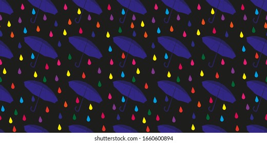 Umbrella seamless pattern with colorful drops isolated on dark background.  Happy tone good for print on raincoats, rubber boots and other clothes, wallpaper. Weather Rainy day style.