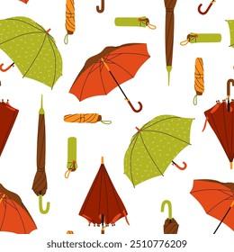 Paraguas sin patrón. Colorida Ilustración vectorial de diferentes paraguas sobre un fondo blanco. Diseño plano acogedor. Colección de otoño