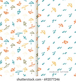 Umbrella seamless pattern set. Cute color templates collection with umbrellas and water drops for design textile and wallpapers.
