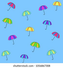 Umbrella seamless pattern. Silhouette umbrella and rain on blue background.Template for t, apparel, card, poster. Design element. Parasol as symbol of rain. Vector illustration