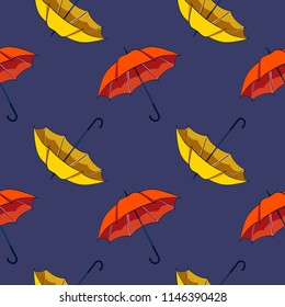 Umbrella seamless pattern. Vector illustration of umbrella isolated on blue background.