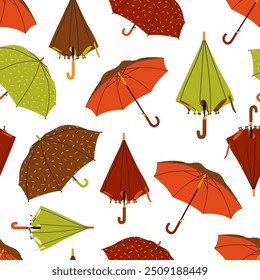 Umbrella seamless pattern. Vector illustration of different umbrellas on a white background. Cozy flat design. Autumn collection