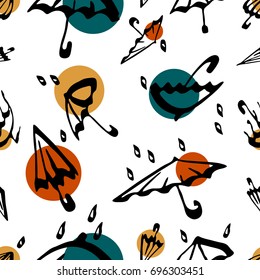 Umbrella seamless pattern. White autumn vector background illustration with water drops. Textile and wallpaper. 