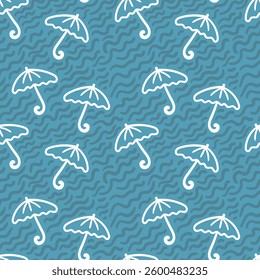 Umbrella seamless pattern. White umbrella and doodle line art in blue background.