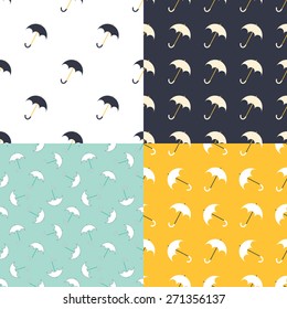 Umbrella seamless patterns set in modern clean and simple design. Parasol backgrounds set. Vector illustration.