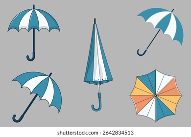 Umbrella set in clean and minimal vector format, colorful rain protection illustrations, flat design elements with cartoon aesthetic, seasonal weather accessories for posters, UI, and decor

