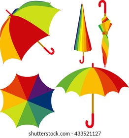 Umbrella, Set of colorful open and closed umbrella with multi-colored lettering.