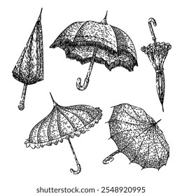 umbrella set hand drawn. classic antique, old fashioned, nostalgic heritage umbrella vector sketch. isolated black illustration