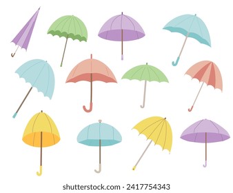 Umbrella set. Protect parasol for rainy weather. Autumn season elements set isolated on white background. Vector flat illustration.