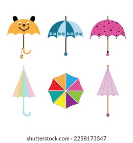 vector conjunto de paraguas. Conjunto de paraguas colorido, ilustración del conjunto de paraguas Cute. Arcoiris, naranja, rosa y violeta. paraguas emoji, personaje de caricatura.