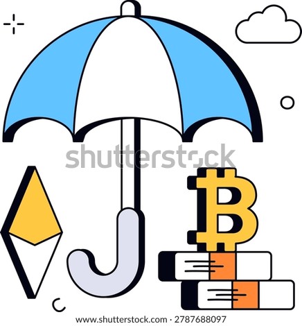 An umbrella shelters a Bitcoin symbol stacks of coins and an Ethereum icon. This graphic represents cryptocurrency insurance and digital asset security for financial portfolios.