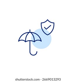 Paraguas, escudo y marca de verificación. Cobertura de seguro integral. Protección y seguridad para la salud y la vida. Icono de Vector de trazo perfecto y editable