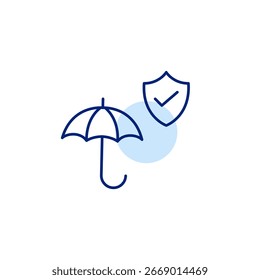 Umbrella, shield and checkmark. Comprehensive insurance coverage. Protection and security. Pixel perfect, editable stroke vector icon