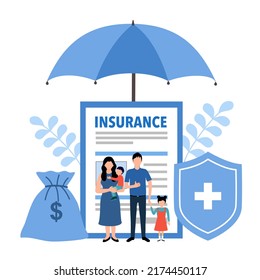 Umbrella shield of family insurance about care, safety, security and protection. Life or health insurance concept.