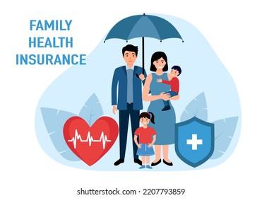 Umbrella shield of family insurance about care, safety, security and protection. Life or health insurance concept.