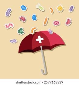 Umbrella as a shield from germs, bacteria and viruses. Vaccination and immunity concept. Virus insurance