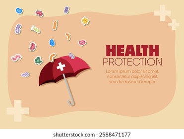 Umbrella as a shield from germs, bacteria and viruses. Vaccination and immunity concept with Health Protection text. Virus insurance