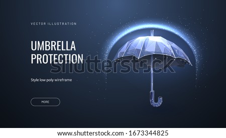 Umbrella shield. Low poly wireframe style. The concept of protection and isolation from external risk factors. Polygonal abstract isolated on blue background. Vector