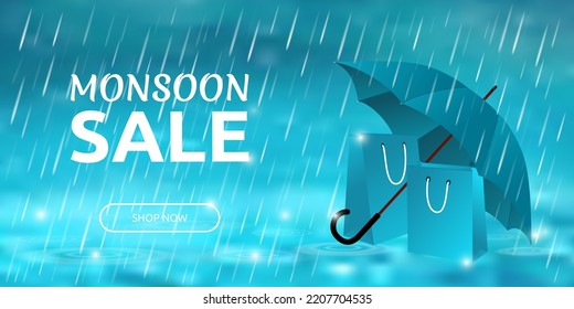 Umbrella and shopping bags for monsoon season. Banner, landing page, poster, label, web header, template for design. Monsoon season rain drops.Vector illustration.