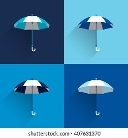 Umbrella sign. Flat vector sign. Various blue color parasol.