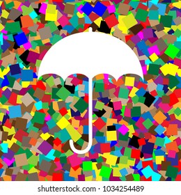 Umbrella sign icon. Rain protection symbol. Flat design style. Vector. White icon on colorful background with seamless pattern from squares.