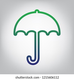 Umbrella sign icon. Rain protection symbol. Flat design style. Vector. Green to blue gradient contour icon at grayish background with light in center.