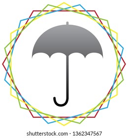 Umbrella sign icon. Rain protection symbol. Flat design style. Vector. Black icon with patch of light inside colorful hexagonal frames at white background.