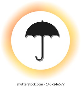 Umbrella sign icon. Rain protection symbol. Flat design style. Dark icon with shadow on the glowing circle button. Illustration.