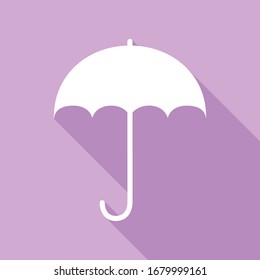 Umbrella sign icon. Rain protection symbol. Flat design style. White Icon with long shadow at purple background. Illustration.