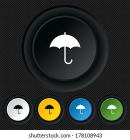 Umbrella sign icon. Rain protection symbol. Round colourful buttons on black texture. Vector