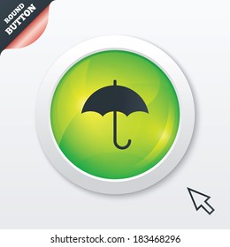 Umbrella sign icon. Rain protection symbol. Green shiny button. Modern UI website button with mouse cursor pointer. Vector