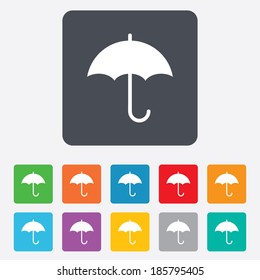 Umbrella sign icon. Rain protection symbol. Rounded squares 11 buttons. Vector