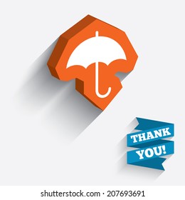 Umbrella sign icon. Rain protection symbol. White icon on orange 3D piece of wall. Carved in stone with long flat shadow. Vector