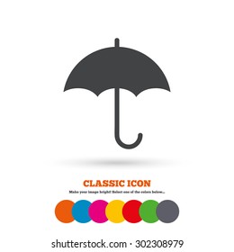 Umbrella sign icon. Rain protection symbol. Classic flat icon. Colored circles. Vector