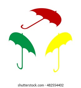 Umbrella sign icon. Rain protection symbol. Flat design style. Isometric style of red, green and yellow icon.
