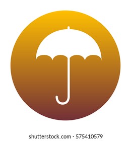 Umbrella sign icon. Rain protection symbol. Flat design style. White icon in circle with golden gradient as background. Isolated.
